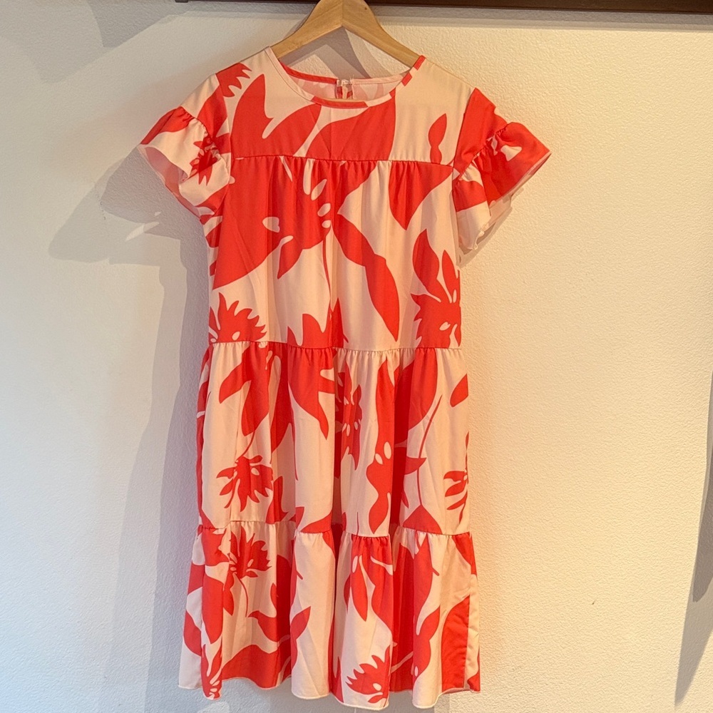 Tiered Swing Dress with Ruffle Short Sleeves, Creamsicle Orange, Size M